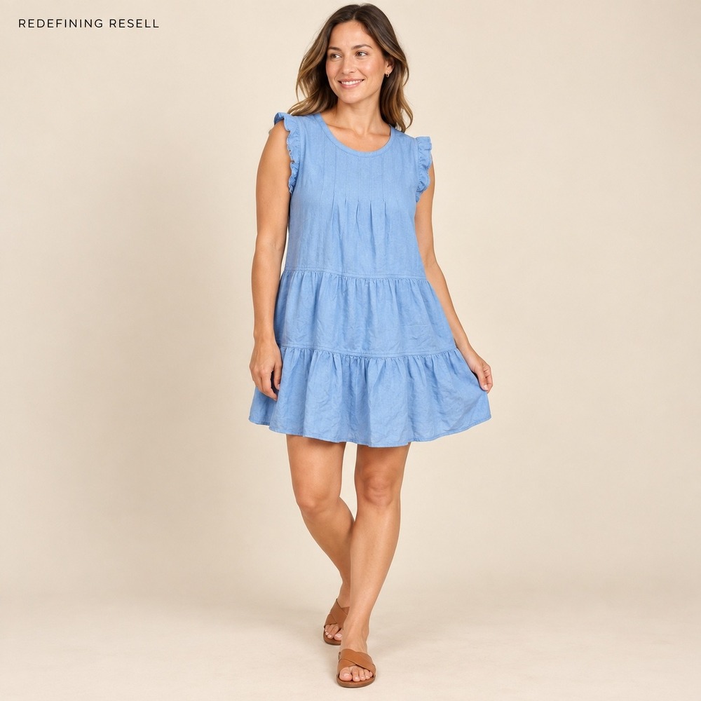 New In Blue Linen Blend Ruffle Sleeve Tiered Mini Dress ND30062 Womens Medium